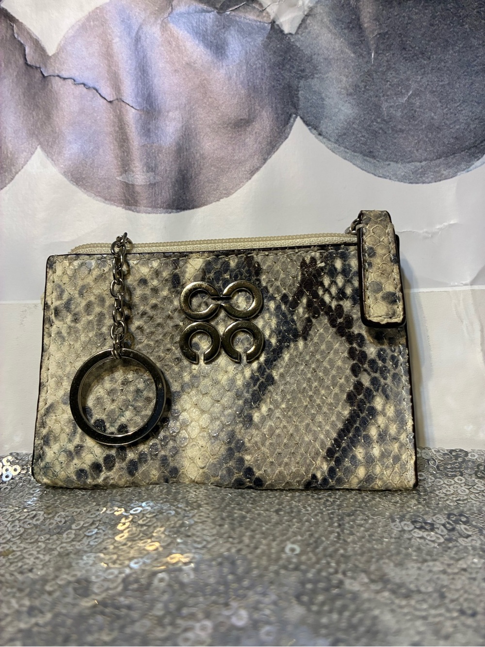Coach Python Embossed Leather coin purse  Beige and Black keychain